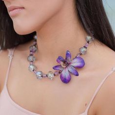 Amethyst Garnet and Crystal Real Orchid Statement Necklace | Preserved – Devi & Co Orchid Room Decor, Monique Verbena, Orchid Necklace, Orchid Jewelry, Necklaces Statement, Flower Statement Necklace, Botanical Jewelry, Violet Purple, Floral Necklace