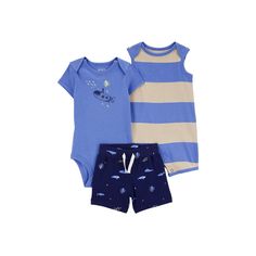 Your little buddy will be as cute as can be in this baby boys' submarine bodysuits and shorts ensemble from Carter's. Click on this BABY ESSENTIALS & APPAREL GUIDE to find everything you need to keep your baby healthy and happy! FEATURES 3-piece set includes: 1 short sleeve bodysuit, 1 sleeveless bodysuit & 1 pair of shorts Bodysuits: crewneck, strong snaps at the legs Shorts: elastic waistband with drawstring, allover printFABRIC & CARE Cotton Machine wash ImportedRESPONSIBLE Tested for harmful Clothes Guide, Healthy And Happy, Sleeveless Bodysuit, Short Sleeve Bodysuit, Baby Essentials, Baby Products, Shorts Set, 3 Months