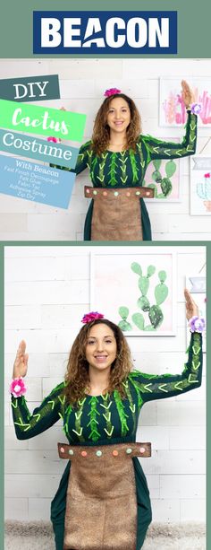 a woman in a green and brown dress holding up a sign that says diy cactus costume