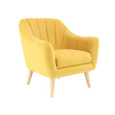 a yellow chair with wooden legs on a white background