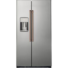 a stainless steel refrigerator freezer with water dispenser on the front and side