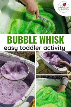 a collage of photos showing how to make bubble whisk for toddlers