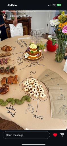 a table topped with lots of cookies and pastries on top of a wooden table