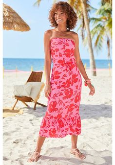 Pink & Red Strapless Floral Dress X29723 | LASCANA Red Strapless Dress For Beach Season, Fitted Beachwear Midi Dress, Fitted Midi Beach Dress, Pink Midi Dress For Beach Party, Pink Midi Dress For Beach Season Parties, Midi Dress For Beach Season Parties, Strapless Red Maxi Dress For Vacation, Flirty Backless Midi Dress For Summer, Pink Midi Maxi Dress For Beach Season