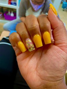 Yellow Nails Short Square, Yellow Nails Design Square, Yellow Butterfly Nails, Short Yellow Nails Design, Yellow Short Nails, Short Yellow Nails, Colourful Acrylic Nails, Blue Glitter Nails, Overlay Nails