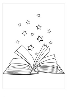 an open book with stars coming out of it, and the pages are black and white