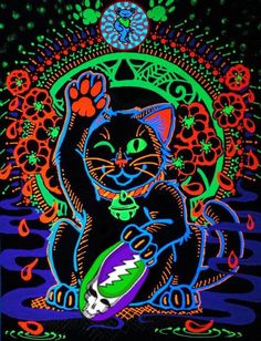 an image of a cat holding a ball in its paws on a black light poster