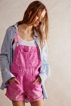 A shortened version of our favorite Ziggy Overalls! **Fit:** Relaxed, bib-and-brace silhouette **Features:** Front bib pocket, rolled hemlines, adjustable straps, side button closures, five-pocket design, frayed cuffs **Why We | We The Free Ziggy Shortalls at Free People in Pink, Size: XL Ziggy Shortalls, Short Overalls Outfit, Ziggy Overalls, Overalls Outfit Summer, Boho Overalls, Overalls Fit, Summer Camping Outfits, Overalls Outfits, Free People Overalls