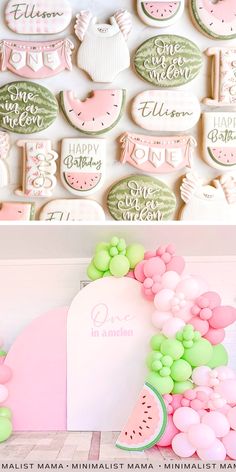 two pictures of decorated cookies and one with watermelon slices on the front, and another with balloons in the back