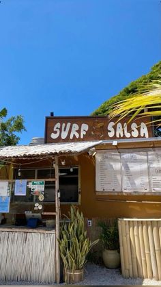 the surf salsa restaurant is located in front of a palm tree and has a sign on it