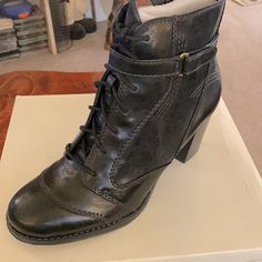 These Are Really Nice Black Leather Boots With An Adjustable Strap. Had 1 Pair And Ordered Another But Then Found Something Else. Really Nice Looking Boots. Casual Leather Lace-up Boots With Stacked Heel, Casual Synthetic Closed Toe Heeled Boots, Casual Synthetic Heeled Boots With Closed Toe, Casual Synthetic Closed-toe Heeled Boots, Casual Synthetic Ankle Boots, Casual Leather High Heeled Boots, Casual Leather Heeled Boots, Casual Synthetic Heeled Boots With Stacked Heel, Casual Ankle-high Heels For Work