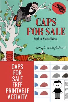 the caps for sale booklet is shown with an image of a man on a tree