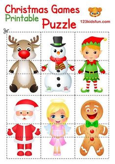 christmas games printable puzzle for kids with santa, snowman, reindeer and elf