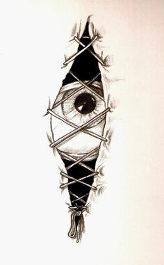 an eye peeks through barbed wire on a white paper background with black and grey ink