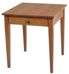 a small wooden table with one drawer on the top and two legs at the bottom