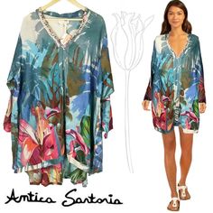 Beautiful Antica Sartoria Blue Floral Embellished Neck Oversize Tunic Coverup Dress. Great For The Beach, Or Just As A Tunic Dress. This Brand Is Fashion From Positano Italy. Retail Value: $175.00 Size: One Size ( Very Oversized) ~ V Neck With Beaded Embellishment ~ Oversized ~ Two Size Pocket ~ Pull Over 100% Cotton Casual Embellished Beach Dresses, Embellished Blue Dress For Vacation, Casual V-neck Embellished Dresses, Coverup Dress, Positano Italy, Oversized Tunic, Positano, Cover Up Dress, Tunic Dress