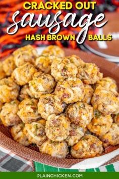 a bowl full of cooked sausage hash browns with text overlay that reads cracked out sausage hash browns