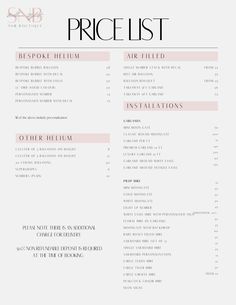 the price list for an event is shown in black and white, with pink accents