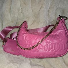 Beautiful Barbie Pink Juicy Couture Bag Can Be Worn As A Crossbody W Wide Pink Strap. Or As A Shoulder Bag W Gold Hardware Chain. The J In Juicy Is Gold. This Bag Includes A Large Slip Pocket Inside And A Zippered Pocket As Well. A Coin Pouch Is Included. Casual Pink Shoulder Bag For Evening, Feminine Pink Shoulder Bag With Zipper Closure, Juicy Couture Cherry Bag, Juicy Couture Daydreamer Bag, Big Juicy Couture Bag, Juicy Couture Crossbody Bag, Juicy Couture Handbags Pink, Rainbow Purses, White Crossbody Bag