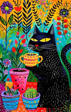 a painting of a black cat sitting next to potted plants and drinking from a cup