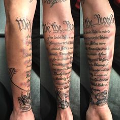 the legs and arms of a man with many tattoos on them, both showing different words