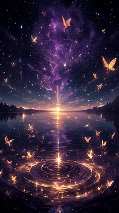 an artistic photo with butterflies flying over the water and stars in the sky above it