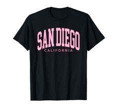 the san diego california t - shirt in black with pink letters on it's chest