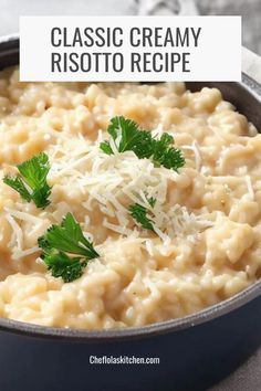 creamy risotto recipe in a pan with parmesan cheese and parsley