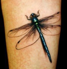 a dragonfly tattoo on the leg