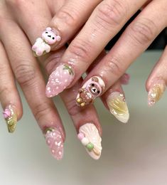 Rilakkuma Nails, Cake Nails, Lilac Nails, Nail Art Designs Diy, Pretty Gel Nails, Really Cute Nails, Pearl Nails, Kawaii Nails, Pink Acrylic Nails