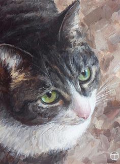 a painting of a black and white cat with green eyes