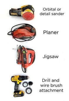 three different types of power tools are shown in this diagram, including drillers, pliers and wire brush attachments