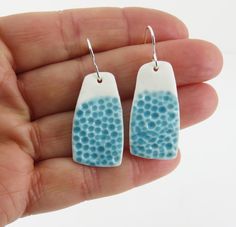 a pair of blue and white earrings in the palm of someone's left hand