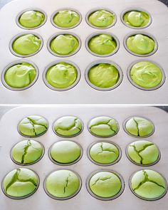 two pictures of green cupcakes with icing in the middle and on the bottom