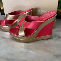 Beautiful And Comfortable Wedge. Made In Italy. Worn 1x. Color Is Coral And Gold. Not Yellow Gold But More Muted. Bought At Outnet. Chic Orange Platform Wedge Sandals, Luxury Multicolor Wedge Heels, Orange Slip-on Wedge Sandals For Beach, Yellow Leather Closed-toe Wedge Sandals, Sergio Rossi Shoes, Summer Wedge Heel Slingback Sandals With Cork-bed Midsoles, Comfortable Wedges, Synthetic Open Heel Wedge Sandals With Cork-bed Midsoles, Rossi Shoes