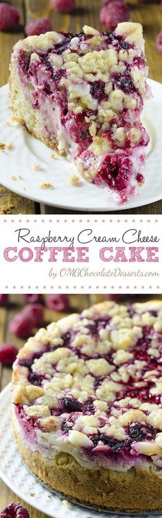 raspberry cream cheese coffee cake on a white plate