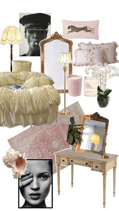 a collage of items including a bed, dresser and lamp with pictures on it