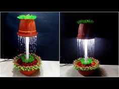 two pictures of a red flower pot with water coming out of it and green sprinkles on the top