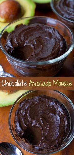 chocolate avocado mousse in two bowls with spoons