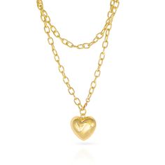 14kt gold-plated chain. Chain fully extended measures 33" and can be worn as a long neckalce, double layered, or as a bracelet. Heart charm measures 1.25" Gold Plated Heart Necklace With Chain, Heart Necklace With Charm For Layering, Gold-tone Heart Pendant Necklace With Adjustable Chain, Gold-tone Heart Necklace With Adjustable Chain, Heart Pendant Necklace With Double Chain For Gift, Heart-shaped Gold-tone Charm Necklace With Adjustable Chain, Gold-tone Heart Necklace With Delicate Chain, Heart-shaped Double Chain Necklaces For Gifts, Double Chain Heart Pendant Necklace