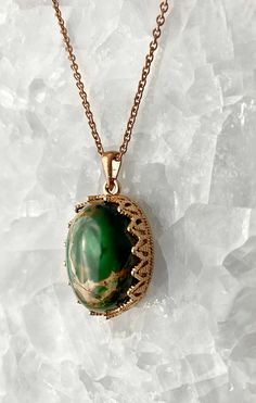 Green Sea Jasper oval stone set in rose gold plated pendant, with rose gold plated chain. Elegant Oval Copper Necklace, Gold Oval Copper Necklace, Elegant Oval Pendant Copper Jewelry, Elegant Copper Oval Pendant Jewelry, Elegant Copper Necklace With Oval Pendant, Sea Jasper, Laguna Niguel, Rose Gold Pendant, Green Sea