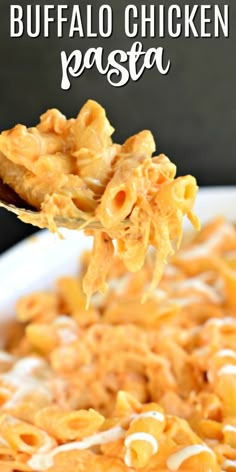 a spoon full of buffalo chicken pasta on a white plate with the title above it