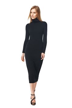 Chic Fall High Neck Long Sleeve Dress, Elegant Turtleneck Mini Dress For Spring, Chic High Neck Long Sleeve Winter Dress, Elegant Solid Turtleneck Dress, Chic High Neck Long Sleeve Dress For Spring, Knee-length Sweater Dress For Work, Elegant Solid Color Turtleneck Dress, Fall Stretch Midi Dress Knee-length, Elegant Turtleneck Dress