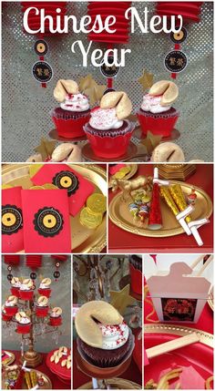 red and gold chinese new year's party with cupcakes, desserts and decorations