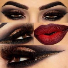 Gold and Black Glittery eye w/ Red and Black ombré Lip Eyeliner Tips, Eyeliner Hacks, Different Makeup Looks, Smink Inspiration, Eye Liner Tricks, Dramatic Makeup, Makijaż Smokey Eye, Bold Lips