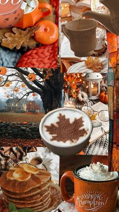 a collage of pictures with pumpkins, pancakes and coffee