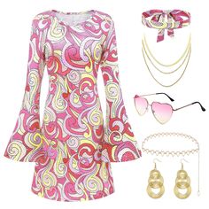 PRICES MAY VARY. Complete Set: Our 70s dress comes with a headband, sunglasses, earrings, necklace, and waist chain, so you don't have to worry about matching accessories. Quality Materials: The dress is made of solid, durable polyester fabric with glitter, and the accessory set is made of high-quality alloy. Stand Out: With our complete set, you'll be the center of attention at daily wear, disco parties, decade themed costumes, festivals, or stage performances. Versatile Occasions: Perfect for Women 60s, 70s Disco Costume, Go Go Dancer Costume, Disco Parties, 70s Disco Outfit, Disco Outfits, Themed Costumes, 70s Costume, Disco Costume