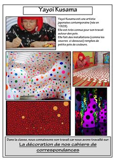 an advertisement with different images and text on it, including polka dot designs in various colors