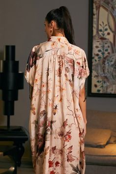 Beige high-low kaftan shirt with embellished crystal rope patterns on a floral bee printed base and side pockets. - Aza Fashions Kaftan Shirt, Kaftan For Women, Cape Sleeves, Bee Print, Floral Print Shirt, Satin Color, Floral Shirt, Shirt Pattern, Shirt Collar