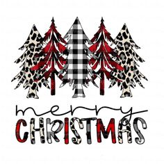 christmas trees with leopard print and the words merry written in black ink on a white background